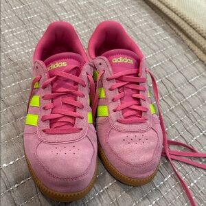 adidas Pink Suede Sneakers with Neon Yellow Stripes and Gum Sole